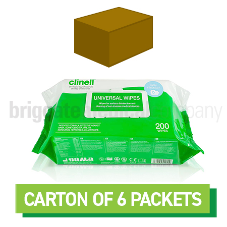 CARTON of 6 Packets of Clinell Universal Wipes Pkt 200