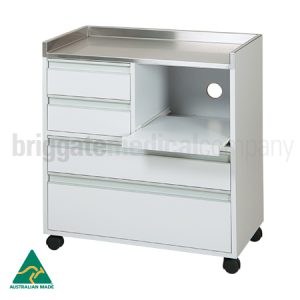 White Milpara Cabinet - Drill Slider on Right with Stainless Steel Top