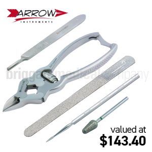 Arrow Instruments - General Treatment Kit #1 (contains Double Action Clipper, Scalpel Handle, Medium Burr, Blacks File & Foot Dresser)
