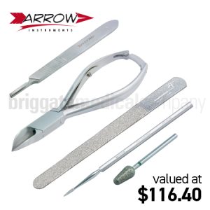 Arrow Instruments - General Treatment Kit #2 (contains 14cm Double Spring Clipper, Scalpel Handle, Medium Burr, Blacks File & Foot Dresser)