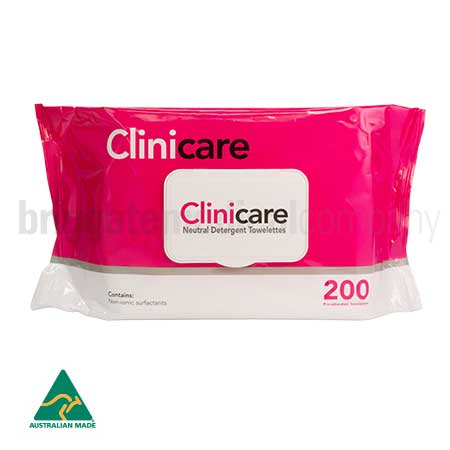 Clinicare Neutral Detergent Wipes (Pink) Pkt 200 (wipe size: 18.5cm x 26cm) MADE IN AUSTRALIA
