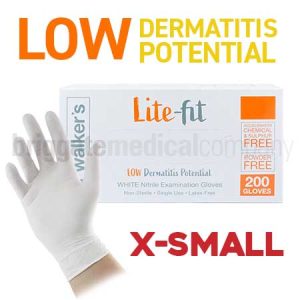 Walker's Lite-Fit White Nitrile Gloves X-SMALL Box 200 (Accelerator-Free - Low Dermatitis Potential)