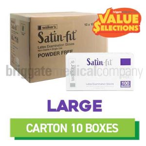 Walker's Satin-Fit Latex Gloves - Powder-Free LARGE - CARTON OF 10 BOXES (100)