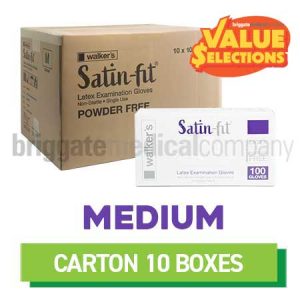 Walker's Satin-Fit Latex Gloves - Powder-Free MEDIUM - CARTON OF 10 BOXES (100)