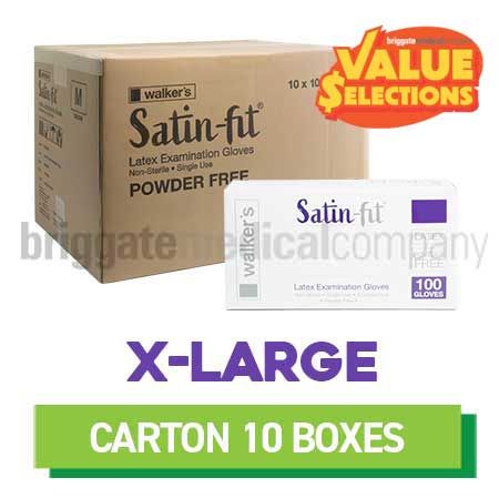 Walker's Satin-Fit Latex Gloves - Powder-Free EXTRA-LARGE - CARTON OF 10 BOXES (100)