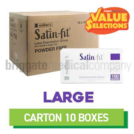 Walker's Satin-Fit Latex Gloves - Powder-Free LARGE - CARTON OF 10 BOXES (100)