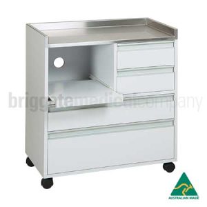 White Milpara Cabinet - Drill Slider on Left with Stainless Steel Top