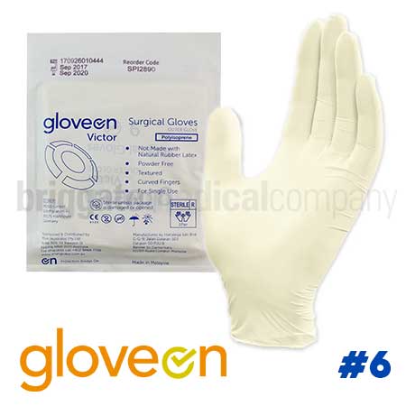 GloveOn Victor Surgical Gloves WHITE Sterile PAIR Size 6 Powder Free, Polyisoprene (Non-Latex)