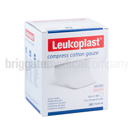 Leukoplast STERILE Compress Cotton Gauze (Woven 12-Ply) - 7.5cm x 7.5cm Pkt 50 (25 pkts of 2 swabs)