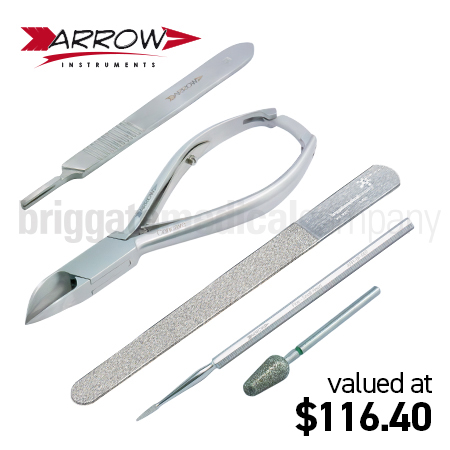 Arrow Instruments - General Treatment Kit #2 (contains 14cm Double Spring Clipper, Scalpel Handle, Medium Burr, Blacks File & Foot Dresser)